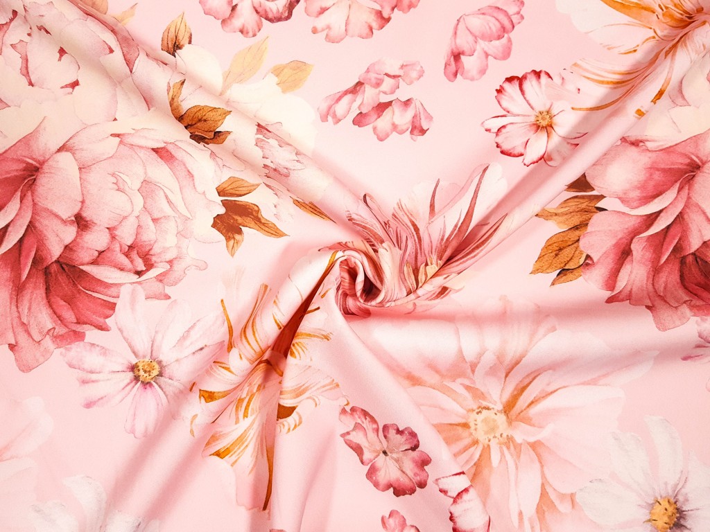 Polyesterová šatovka ružové kvety a margarétka 150 cm