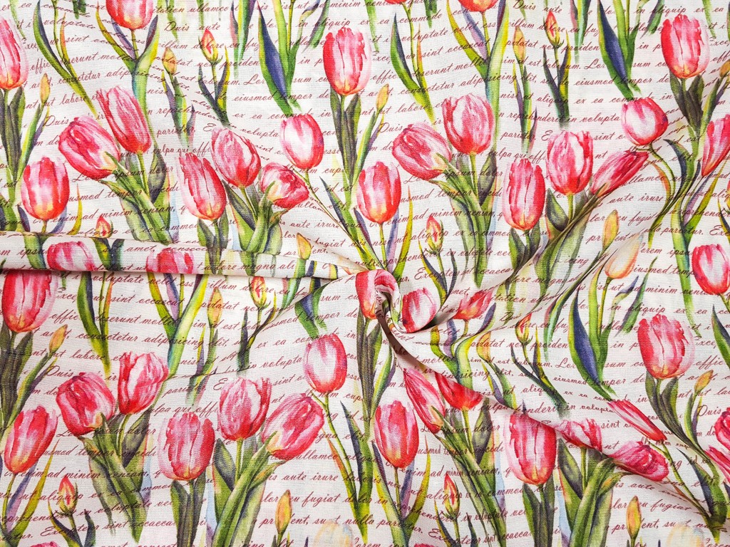 Dekoračná látka ružový tulipán na texte 155 cm
