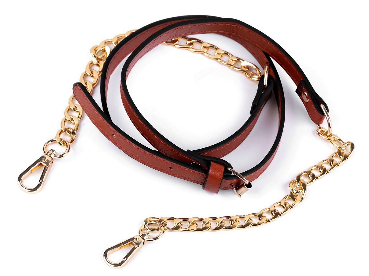 Textillux.sk - produkt Koženkový popruh / ucho s retiazkou a karabínami na kabelku dĺžka 115-130 cm - 3 hnedá koňak zlatá