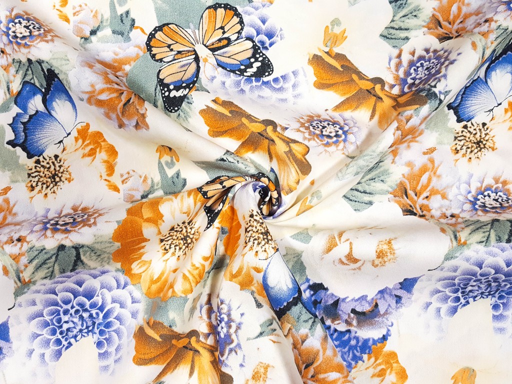 Textillux.sk - produkt Rifľová látka s kvetmi a motýľmi 150 cm
