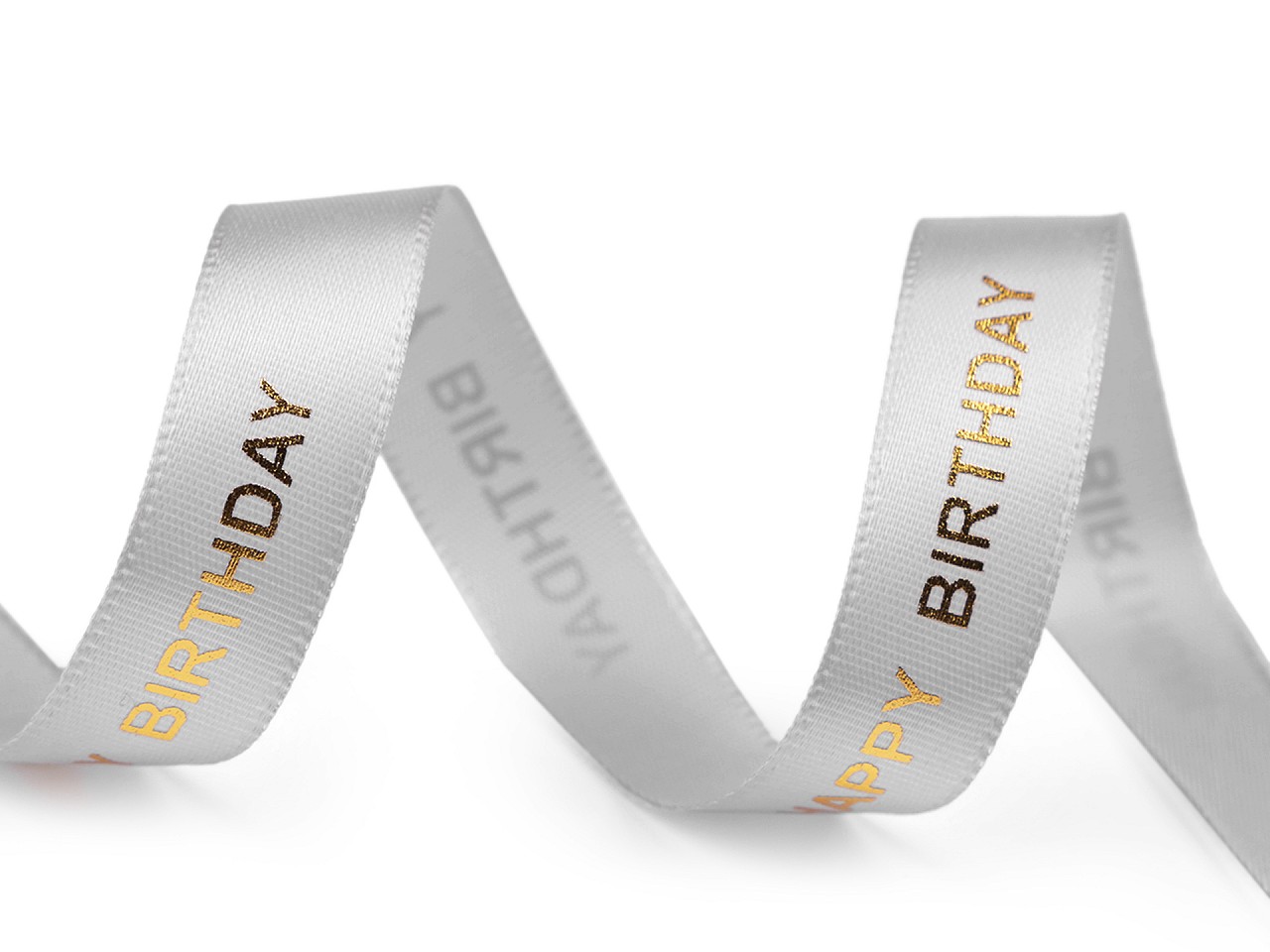 Textillux.sk - produkt Saténová stuha s metalickou potlačou Happy Birthday šírka 16 mm - 2 šedá svetlá zlatá