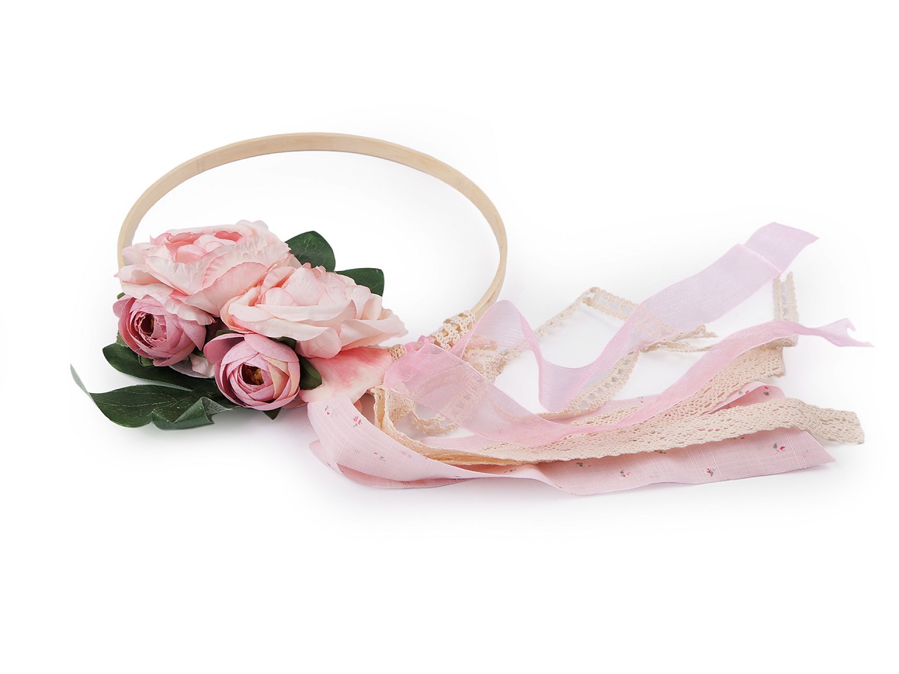 Textillux.sk - produkt Svadobná dekorácia kruh s kvetmi Ø19,5 cm - 2 ružová sv. čipka