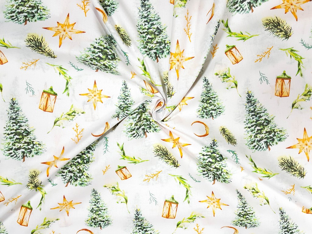 Textillux.sk - produkt Vianočná bavlnená látka lampášiky a stromčeky 160 cm - 2- zlaté lampášiky a zelené stromčeky, biela