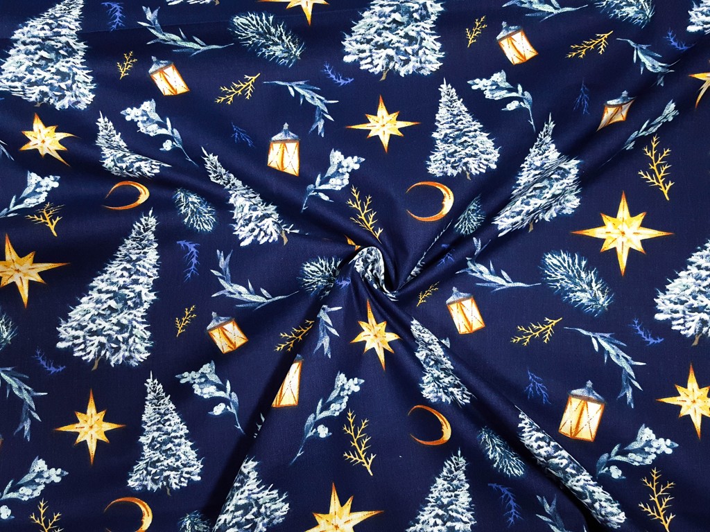 Textillux.sk - produkt Vianočná bavlnená látka lampášiky a stromčeky 160 cm - 3- zlaté lampášiky a modré stromčeky, tmavomodrá