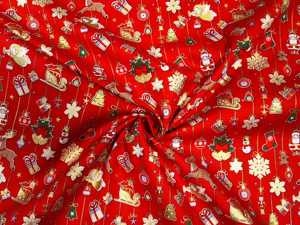 Textillux.sk - produkt Vianočná bavlnená látka motívy na retiazke 145 cm - 2- motívy na retiazke, červená
