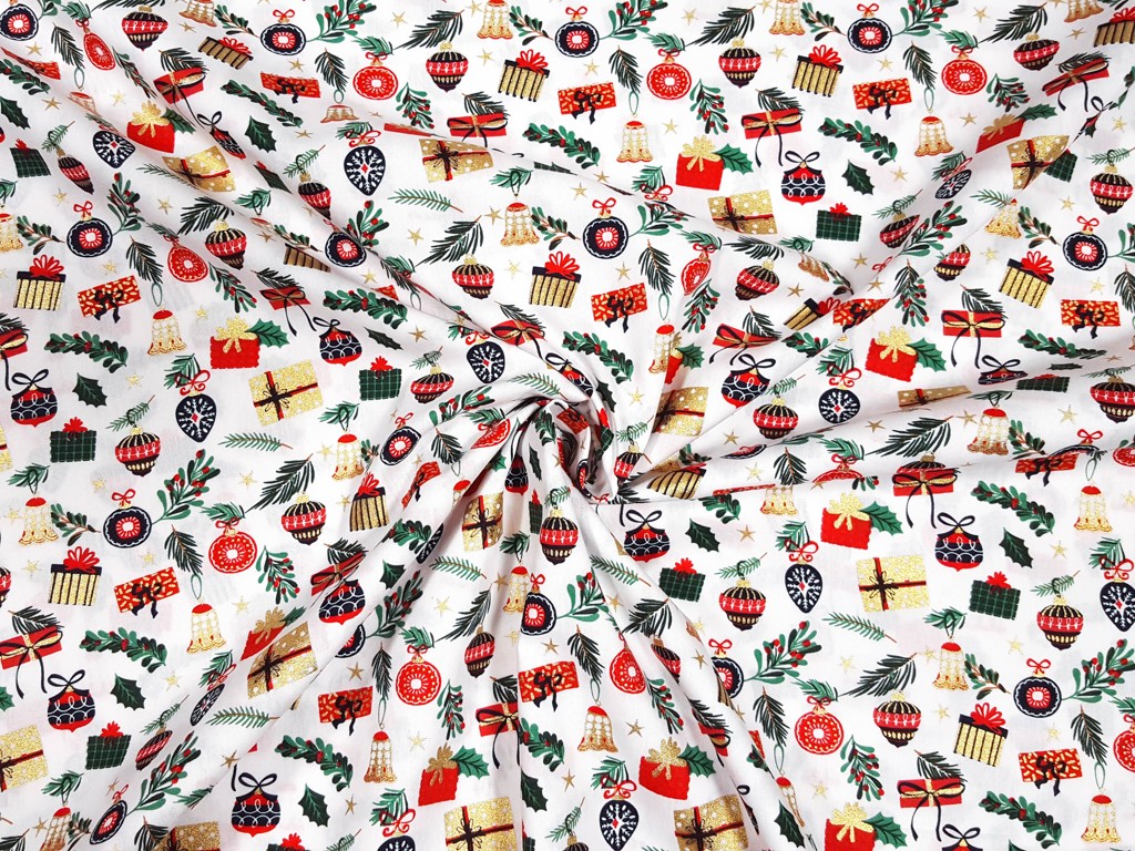 Textillux.sk - produkt Vianočná bavlnená látka ozdoby s vetvičkami 145 cm