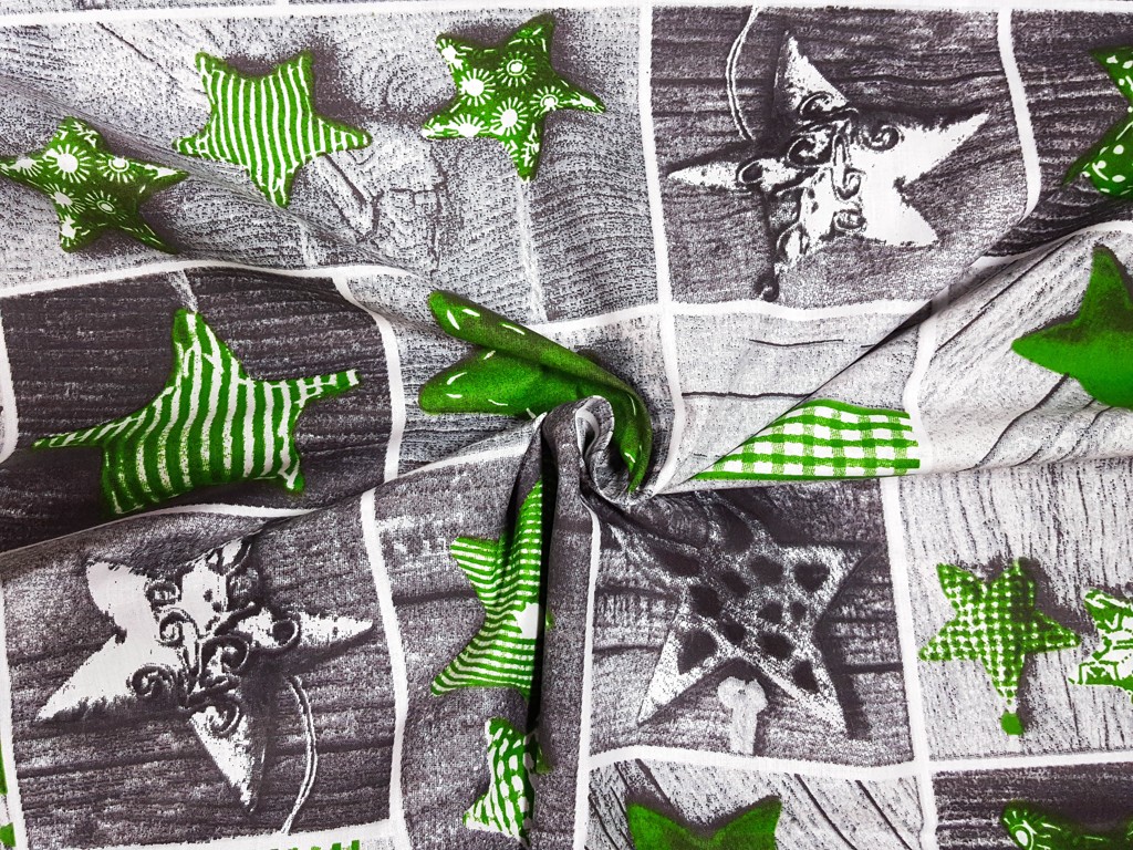 Textillux.sk - produkt Vianočná bavlnená látka zelené hviezdy na patchworku 160 cm - 1- zelené hviezdy na patchworku, šedá