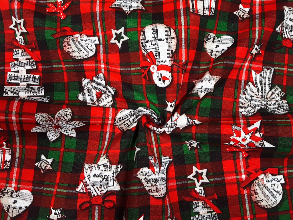 Textillux.sk - produkt Vianočná dekoračná látka zelené káro s notami 140 cm