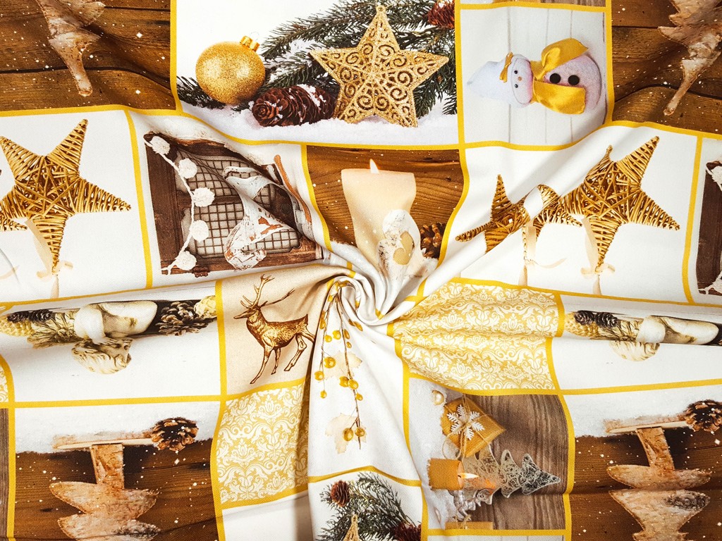 Textillux.sk - produkt Vianočná dekoračná látka zlaté Vianoce - digitálna potlač 140 cm  - 1- zlaté Vianoce, biela