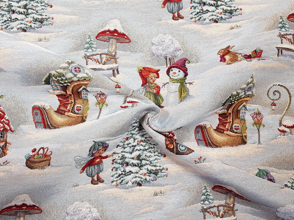 Textillux.sk - produkt Vianočná látka gobelín čižmička so škriatkami 140 cm - 1- čižmička so škriatkami, piesková