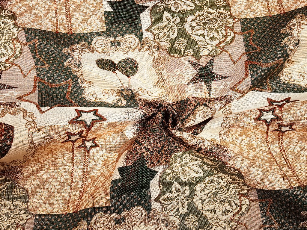 Textillux.sk - produkt Vianočná látka gobelín gule a hviezdy na zlatom lurexe 140 cm