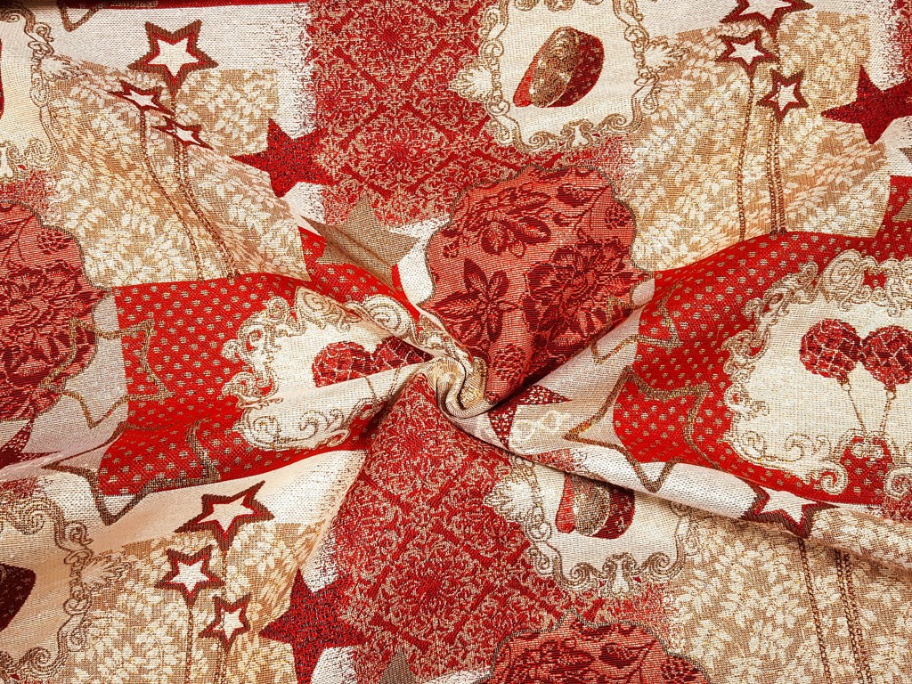 Textillux.sk - produkt Vianočná látka gobelín gule a hviezdy na zlatom lurexe 140 cm - 2- gule a hviezdy na zlatom lurexe, červená