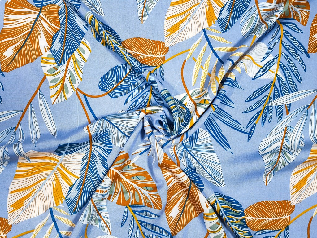 Textillux.sk - produkt Viskózová šatovka modré listy 140 cm - 1- viskóza modré listy, svetlomodrá