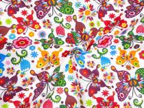 Textillux.sk - produkt Bavlnená látka farebné kvety a motýle 160 cm - 2- farebné kvety a motýle, biela
