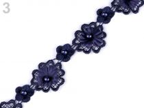 Textillux.sk - produkt Čipka 3D kvet s perlou šírka 30 mm - 3 modrá tmavá