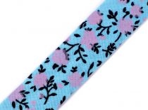 Textillux.sk - produkt Šikmý prúžok bavlnený s kvetmi šírka 20 mm zažehlený - 860110/2 modrá azurová šedá