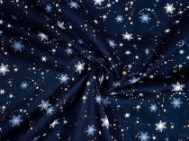 Vianočná bavlnená látka modré vločky na nebi 145 cm