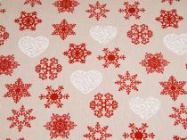 Textillux.sk - produkt Vianočná dekoračná látka biele srdcia s vločkami 140 cm - 2-243 biele srdcia s červenými vločkami, režná