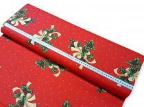 Vianočná dekoračná látka bobule s mašľou šírka 140 cm