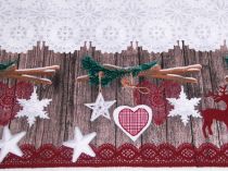 Vianočná dekoračná látka drevená bordúra so sobom 140 cm