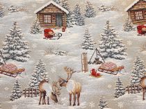 Textillux.sk - produkt Vianočná látka gobelín horská chata so sobami 140 cm
