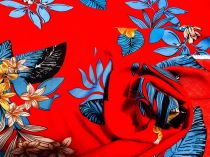 Textillux.sk - produkt Viskózová šatovka modré listy na červenom 150 cm