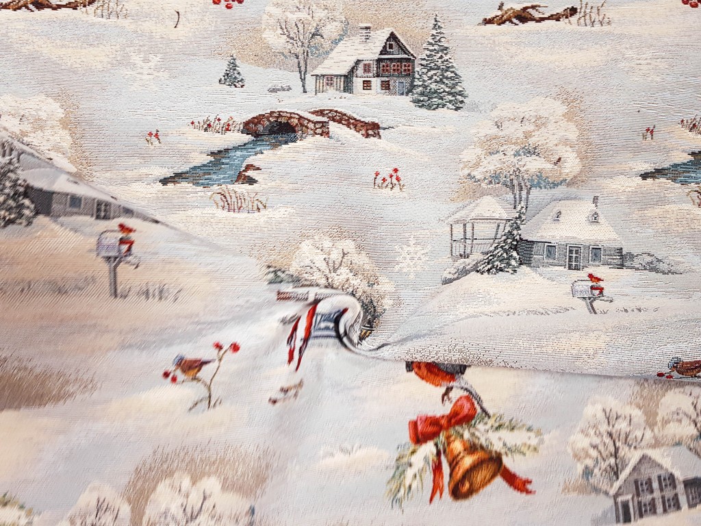 Textillux.sk - produkt Vianočná látka gobelín zasnežená krajinka s vtáčikom 140 cm