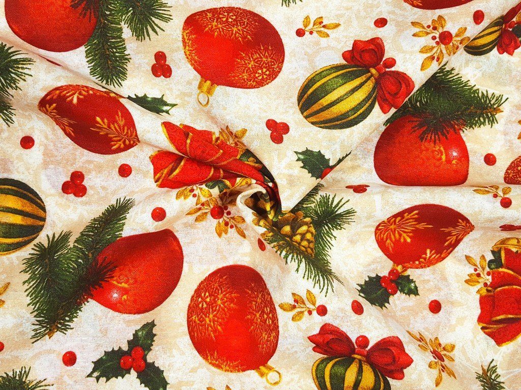 Textillux.sk - produkt Vianočná látka červeno zlaté gule 140 cm