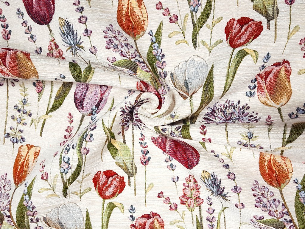 Gobelínová látka - chenille s tulipánmi 140 cm