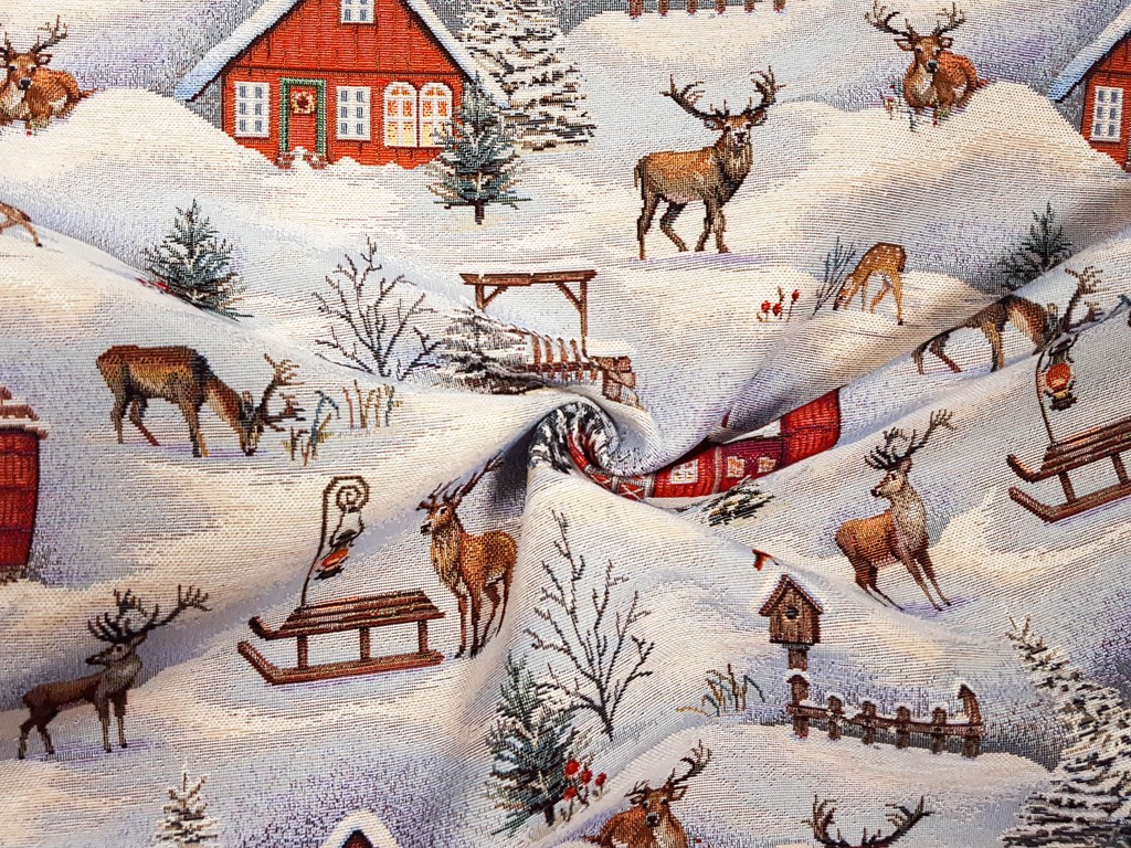 Vianočná látka gobelín jelenček so sánkami 140 cm