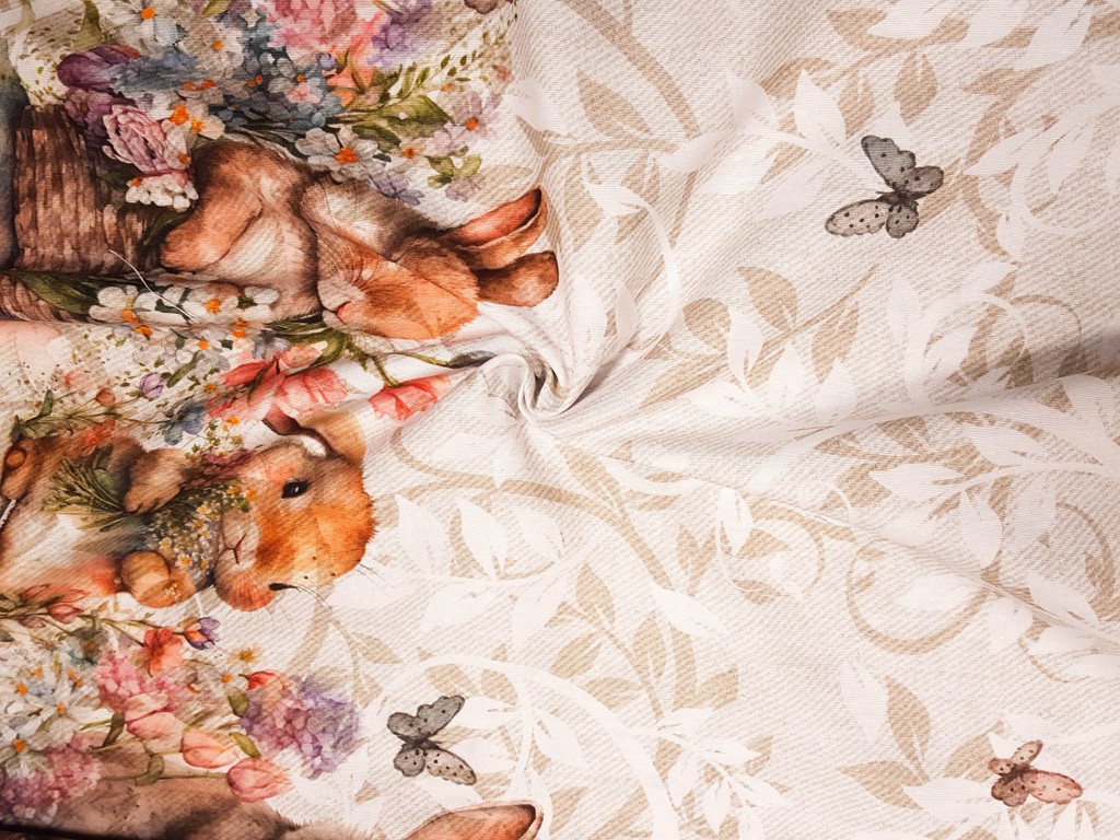 Veľkonočná dekoračná látka zajačiky v bordúre 140 cm
