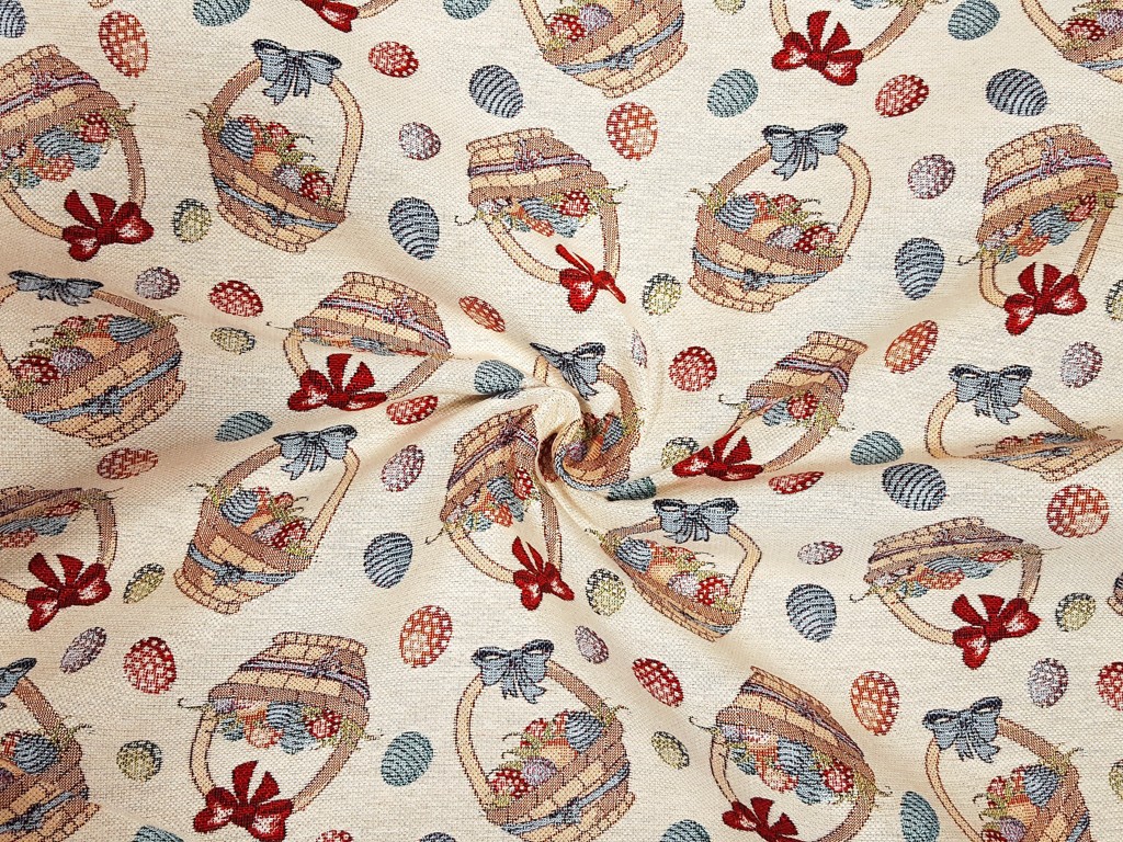 Veľkonočná gobelínová látka košík plný vajíčok 140 cm