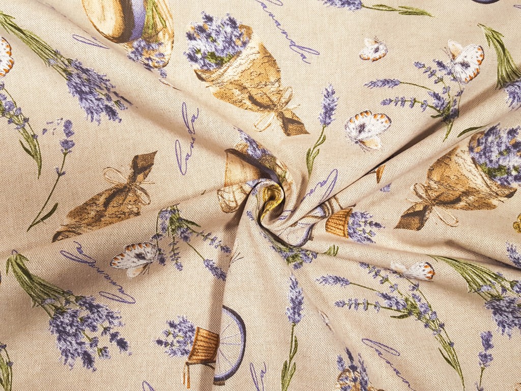 Dekoračná látka levandula, bicykel, klobúk 140 cm