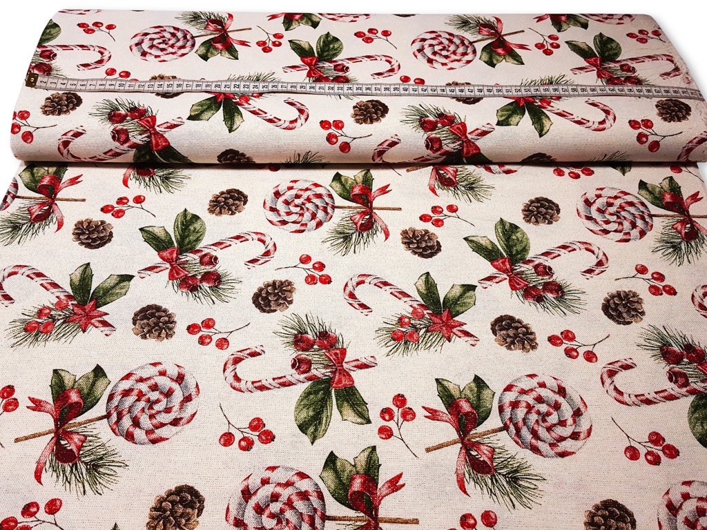 Vianočná dekoračná látka šišky a lízatká s lurexom 140 cm