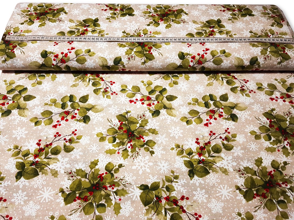 Vianočná dekoračná látka bobule na vločke 140 cm