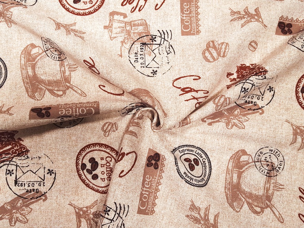 Dekoračná látka káva s pečiatkou 140 cm