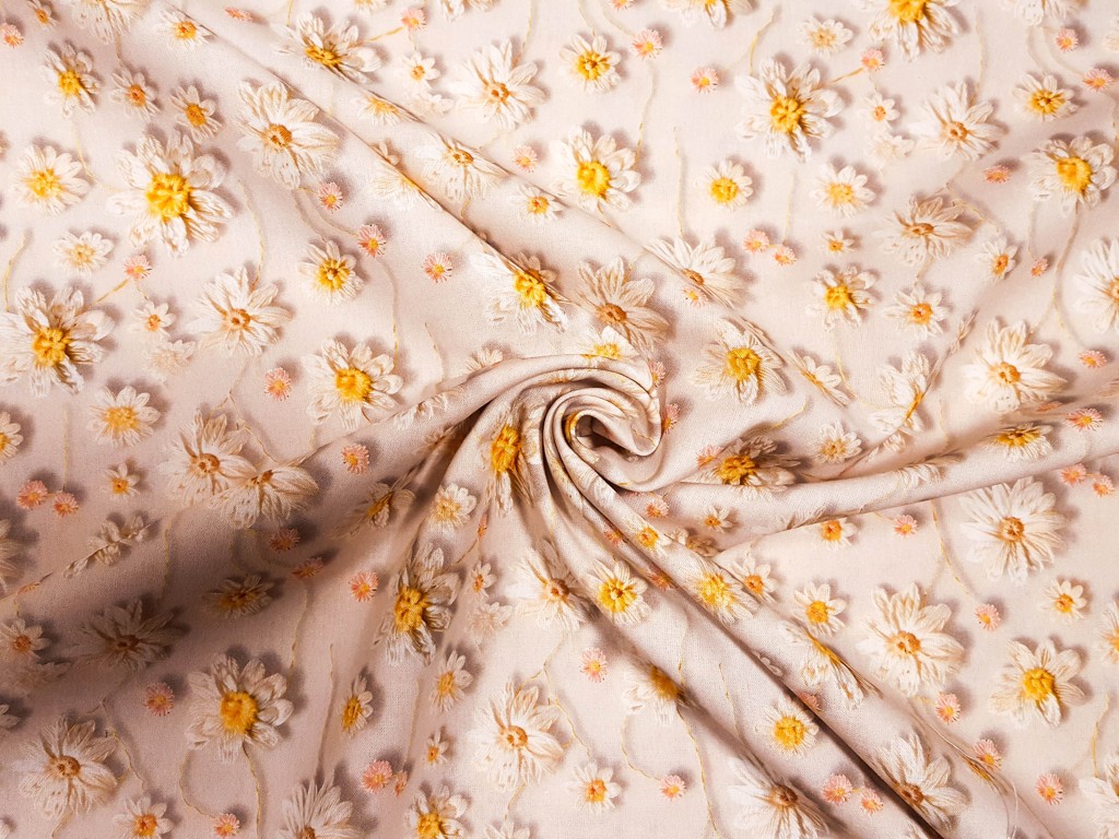 Bavlnená látka  - vyšívané kvietky - digitálna tlač 150 cm